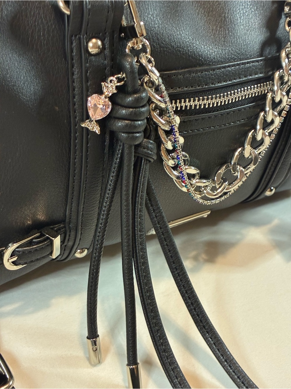 Madden Girl Black Faux-Leather Crossbody Satchel with Chain & Tassels - Picture 4 of 12